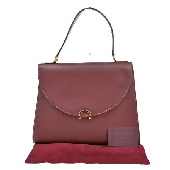 MUST DE CARTIER 2C Logo Hand Bag Leather Red Gold-Plated Italy - Picture 1 of 16